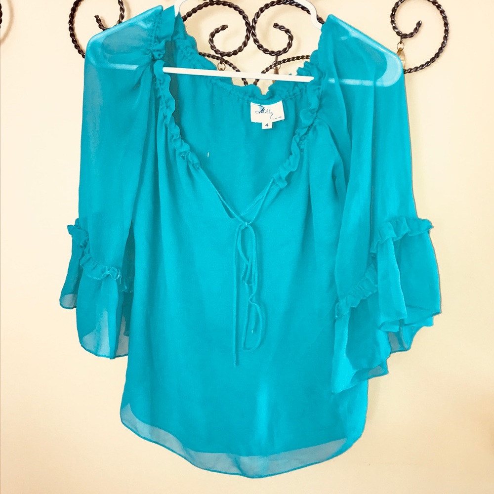 MILLY Designer Peasant Blouse in TEAL. ..Runway.